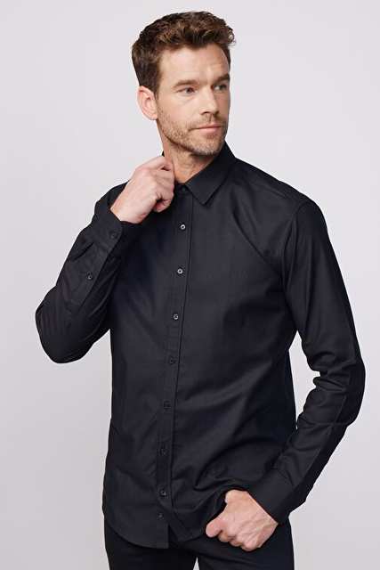 Modern Fit Uzun Kollu %100 Pamuk Armürlü Premium Erkek Siyah Gömlek
