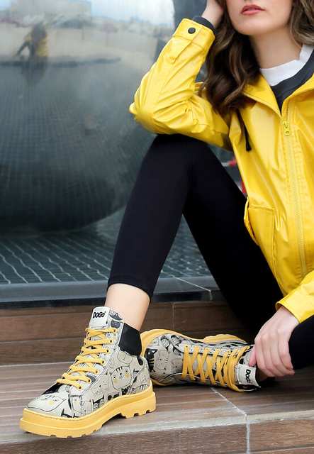 Women Vegan Leather Beige Boots - Monochrome Cats Design