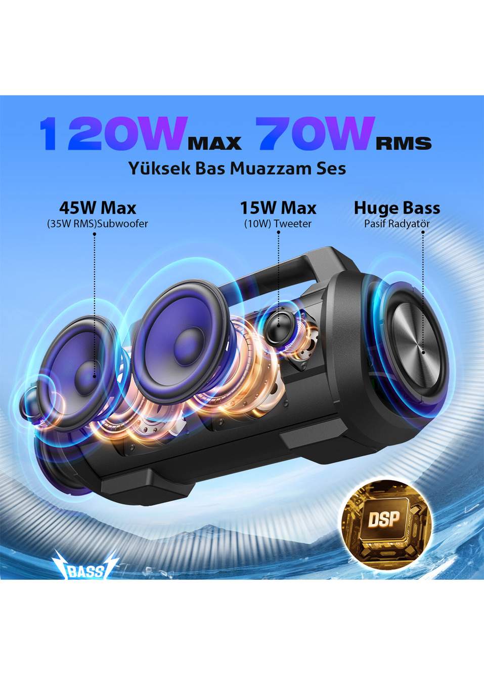 D10 Partybox Işıklı IPX6 Kablosuz Stereo TWS Ses Bombası Siyah Bluetooth Hoparlör — صورة المنتج 4 من 6