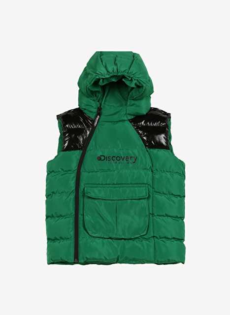 Discovery Expedition Yeşil Erkek Çocuk Kapüşon Yaka Basic Fit Blok Desenli Puffer Yelek D3WB-YLK1