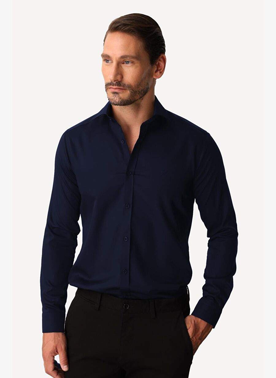 Navy Blue Slim Fit Narrow Die Classic Collar Flat Long Sleeve Pocketless 100% Cotton Non Iron Iron Iron Iron Iron Non-Widler Shirt — Product image 4 of 5