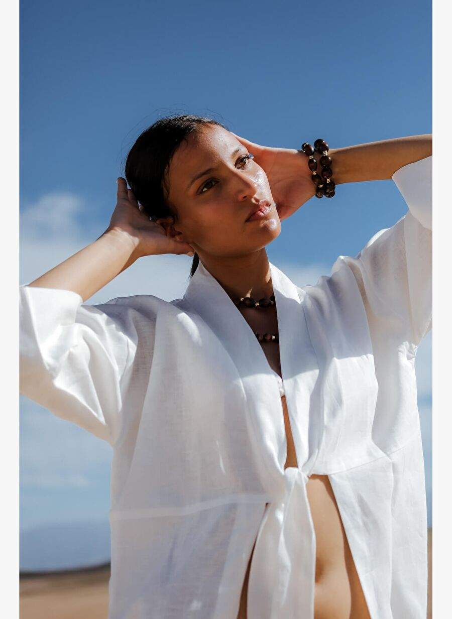 GHİZLANE Keten Beyaz Uzun Kimono — Product image 6 of 7
