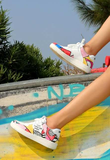 Women Vegan Leather White Sneakers - Painting in Harmony Design