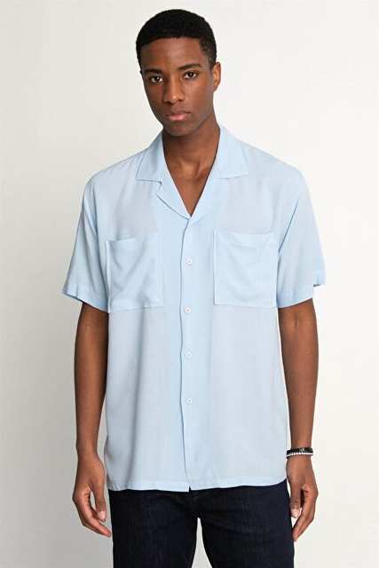 Relax Fit Relaxed Fit Short Sleeve Viscose Apash Collar Sports Blue Shirt