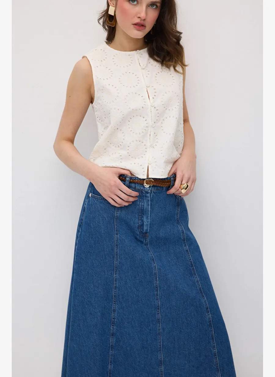 Gusto Örgü Kemerli Midi Denim Etek - Mavi — صورة المنتج 4 من 5