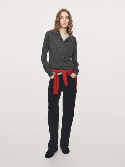Mock turtleneck cardigan with covered buttons