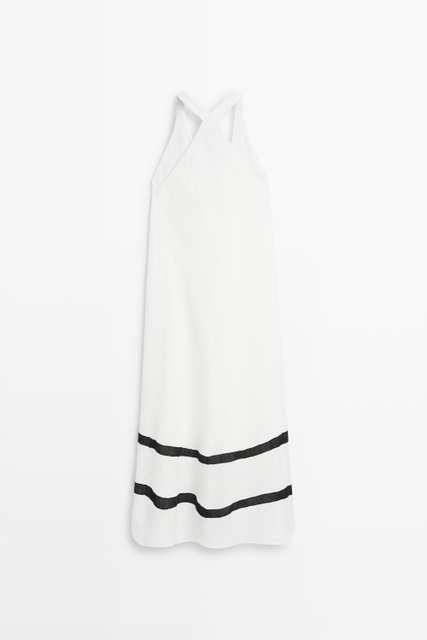 Linen blend midi dress with contrast stripe detail