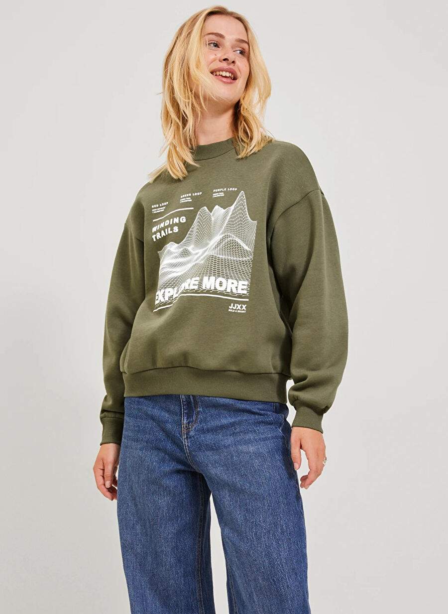 JJXX Crew Neck Printed Dark Green Women's Sweatshirt JXELLA LOOSE CREW LS SWT — Product image 1 of 5
