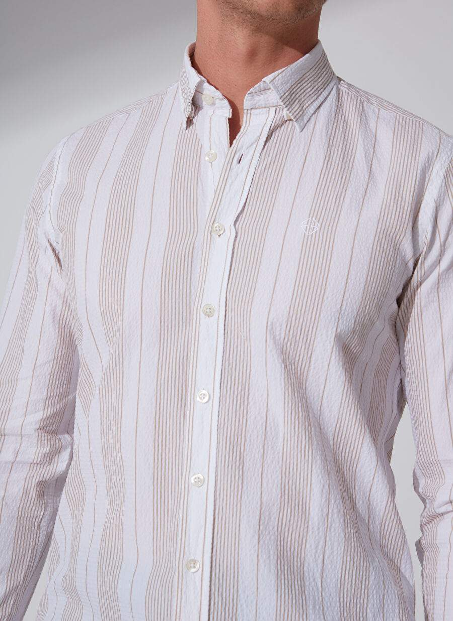Beymen Business Ekru Melanj Erkek Düğmeli Slim Fit Çizgili Gömlek 4B2023200006 — Product image 5 of 5