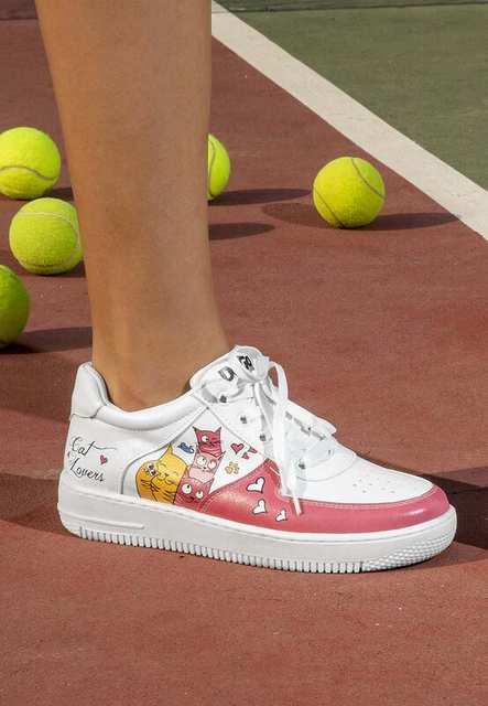 Women Vegan Leather White Sneakers - Cat Lovers Design