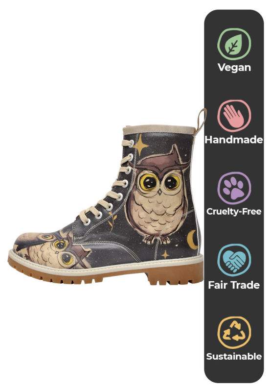 Women Vegan Leather Black Long Boots - Owls Family Design — Product image 5 of 8