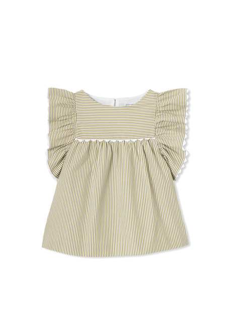 White Green Striped Poplin Ruffle Detailed Sleeveless Girl Blouse