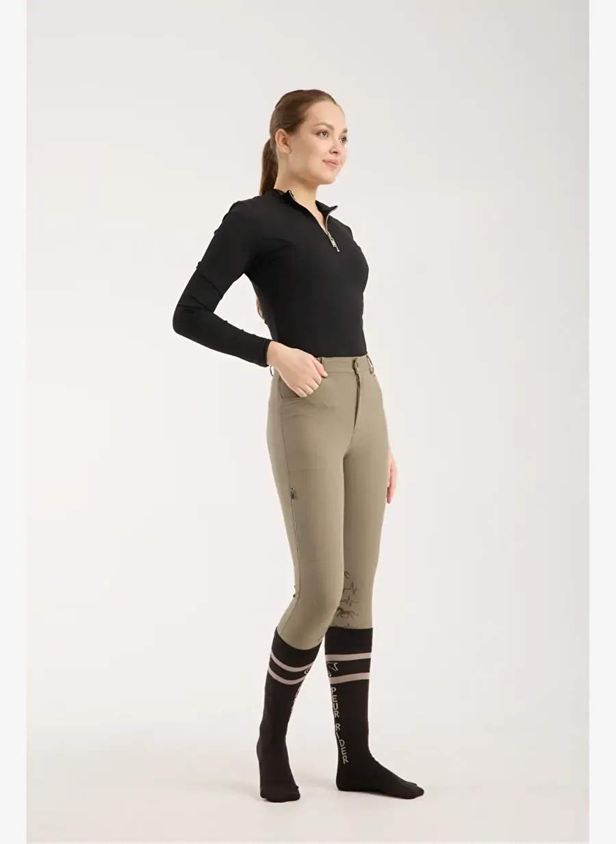 At Ritim Desenli Silikon ve Cep Detaylı Kadın Binici Pantolonu Oliv Renk — Product image 6 of 7