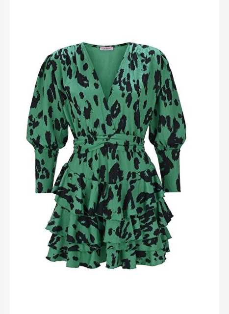 Ribera Kadn Yesil Zebra Desenli Frfrl Kat Kat Vatkal Elbise