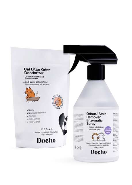 Kedi Kumu Koku Giderici Aktif Karbon 400 gr ve Koku ve Leke Çıkarıcı Enzimatik Sprey 500 ml Seti