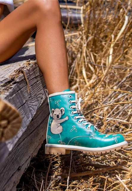 Women Vegan Leather Green Long Boots - Koala Hug Design