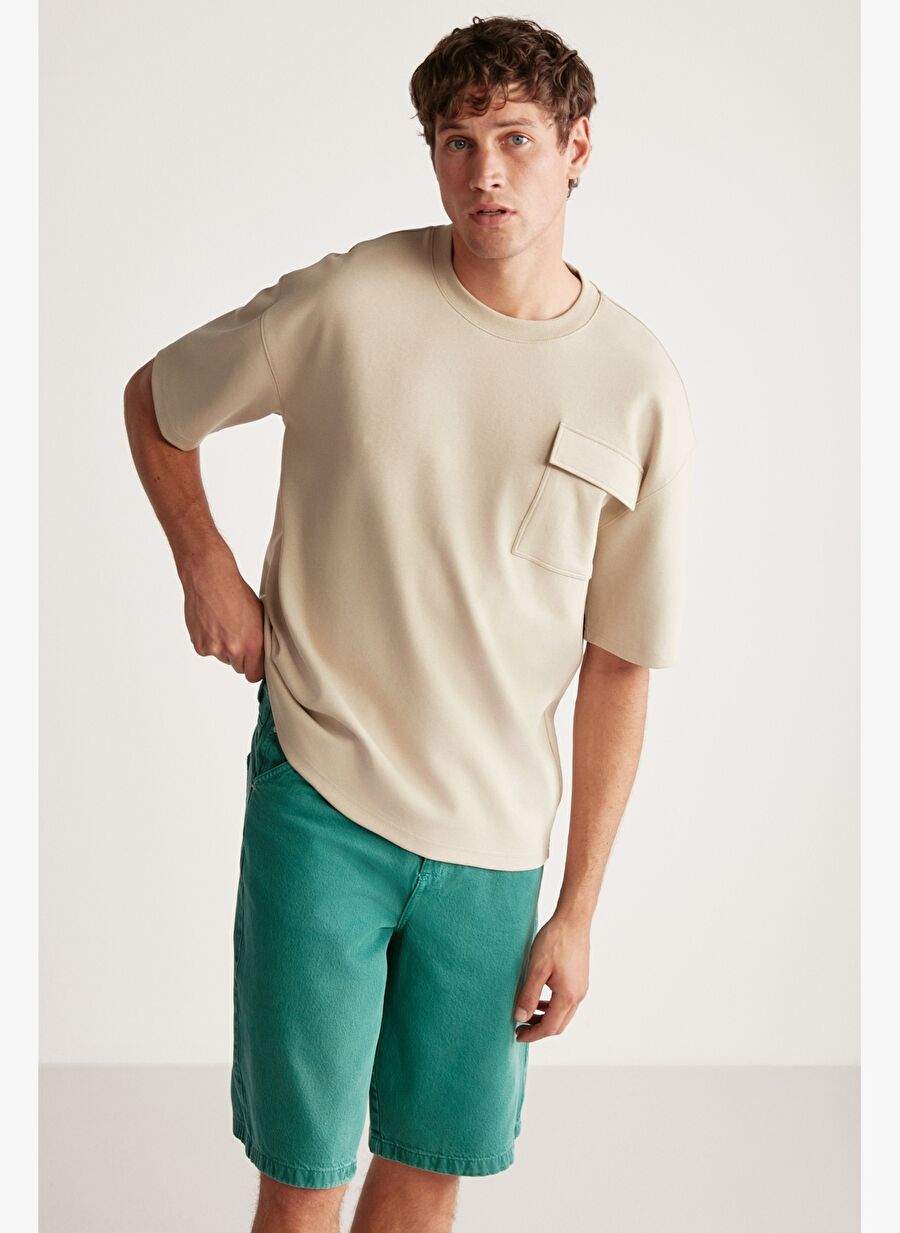 ARTUR Erkek Yaka Cep Detaylı Kalın Dokulu Kumaş Oversize Fit Bol Kesim Kısa Kollu Bej T-Shirt — Product image 5 of 7