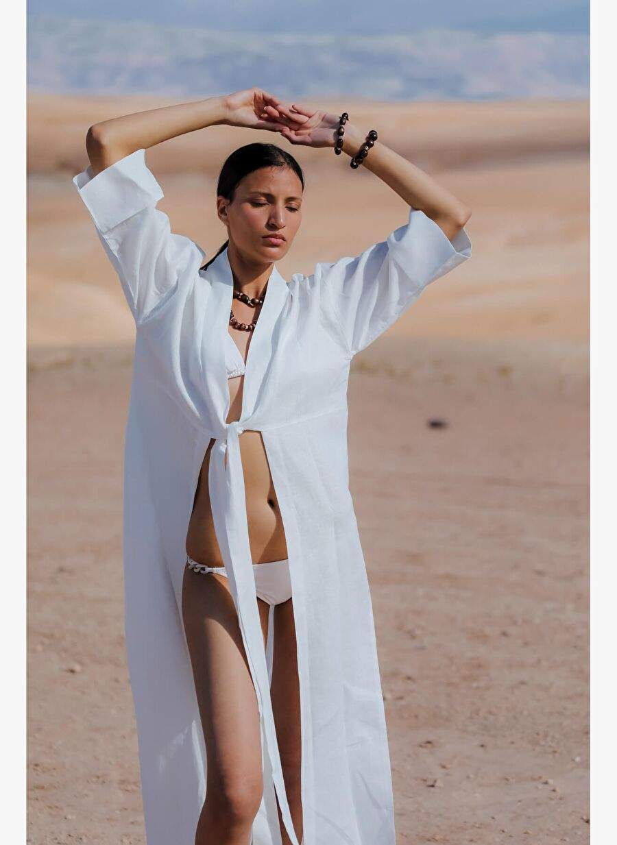 GHİZLANE Keten Beyaz Uzun Kimono — Product image 5 of 7
