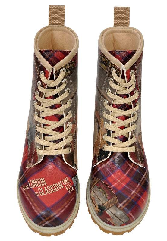 Women Vegan Leather Red Long Boots - Scottish Dining Car Design — Product image 3 of 6