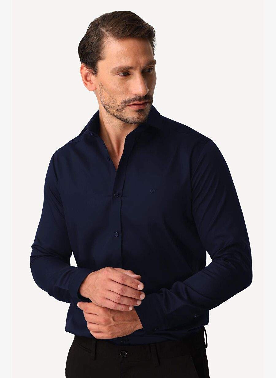 Navy Blue Slim Fit Narrow Die Classic Collar Flat Long Sleeve Pocketless 100% Cotton Non Iron Iron Iron Iron Iron Non-Widler Shirt — Product image 3 of 5