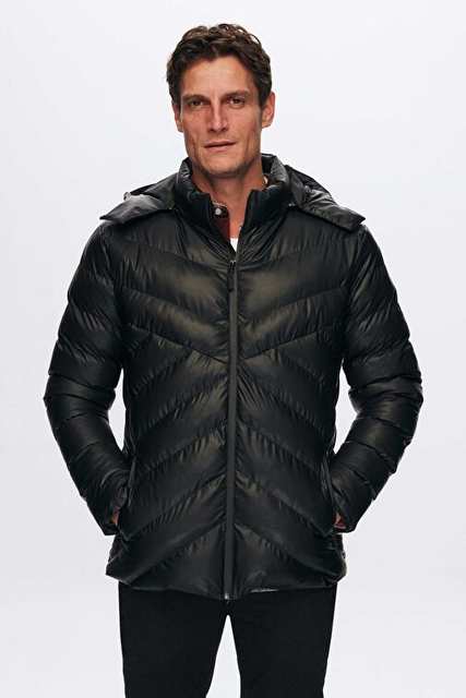 Ds Groom Slim Fit Black Water Pusher Ruzgar Gecirmez Fiber Filled Leather Goluumlu Ckarliz Kapusonl