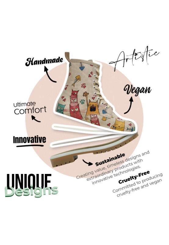 Women Vegan Leather Beige Long Boots - Cat Lovers Design — Product image 4 of 8