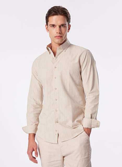 Network Comfort Fit Buttoned Collar Beige Men's Shirt 1090722
