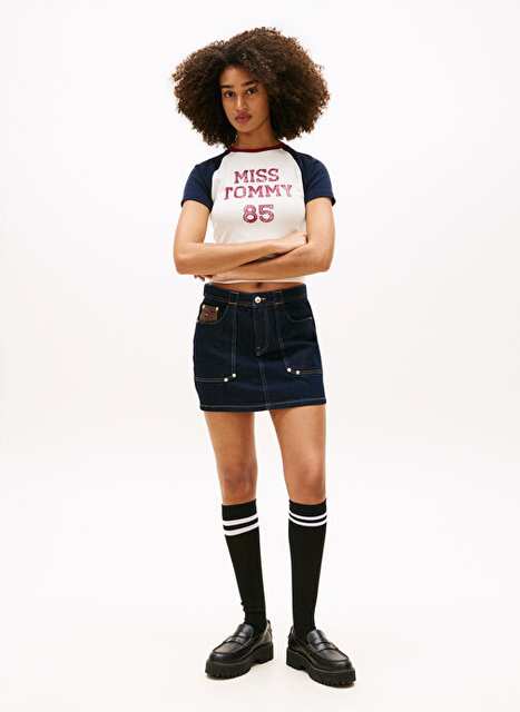 Lacivert Kadn Pamuklu Denim Etek Mini Skirt Ei6050