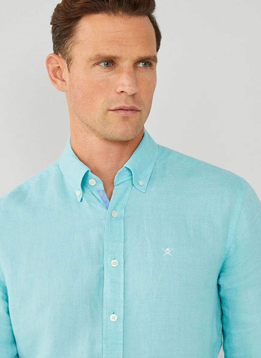 Yesil Erkek 100 Keten Slim Fit Gomlek Hm309839 — صورة المنتج 3 من 5