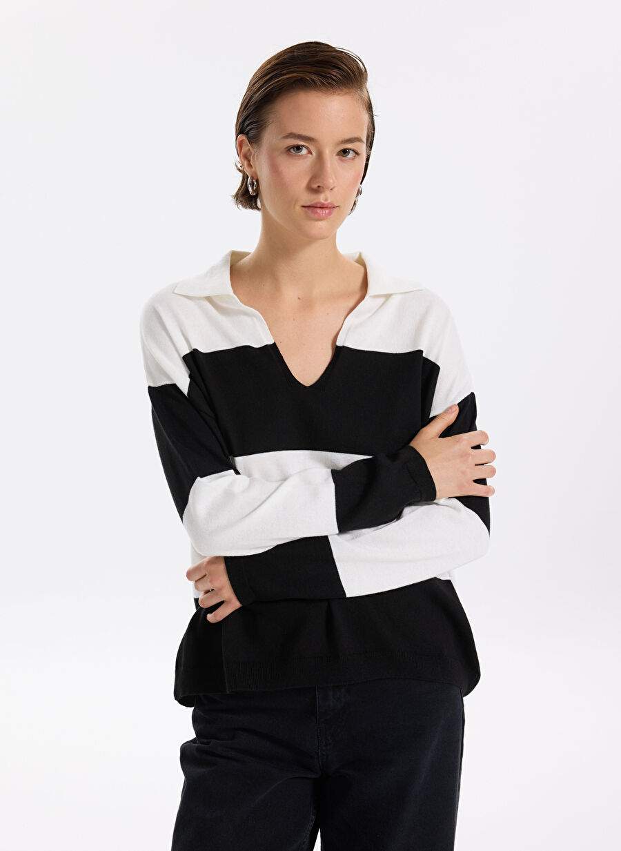 Polo Collar Striped Black - White Sweater Women F3WL-KZK2 — Product image 3 of 6