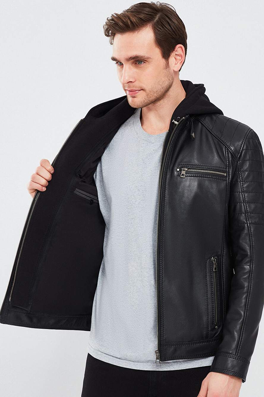 Sergio Men's Black Hooded Sports Leather Coat 24sge65191m — Product image 7 of 7