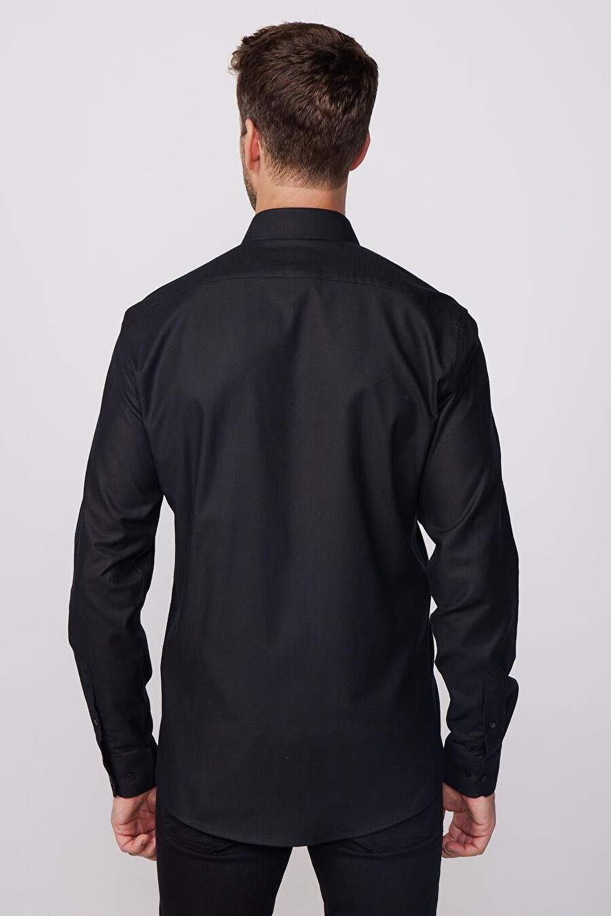 Modern Fit Uzun Kollu %100 Pamuk Armürlü Premium Erkek Siyah Gömlek — صورة المنتج 5 من 5