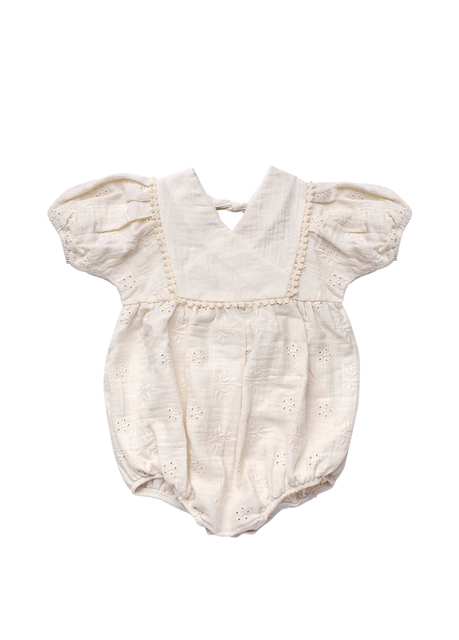 Cream Lace Embroidered Short Sleeve Baby Girl Wrap Jumpsuit