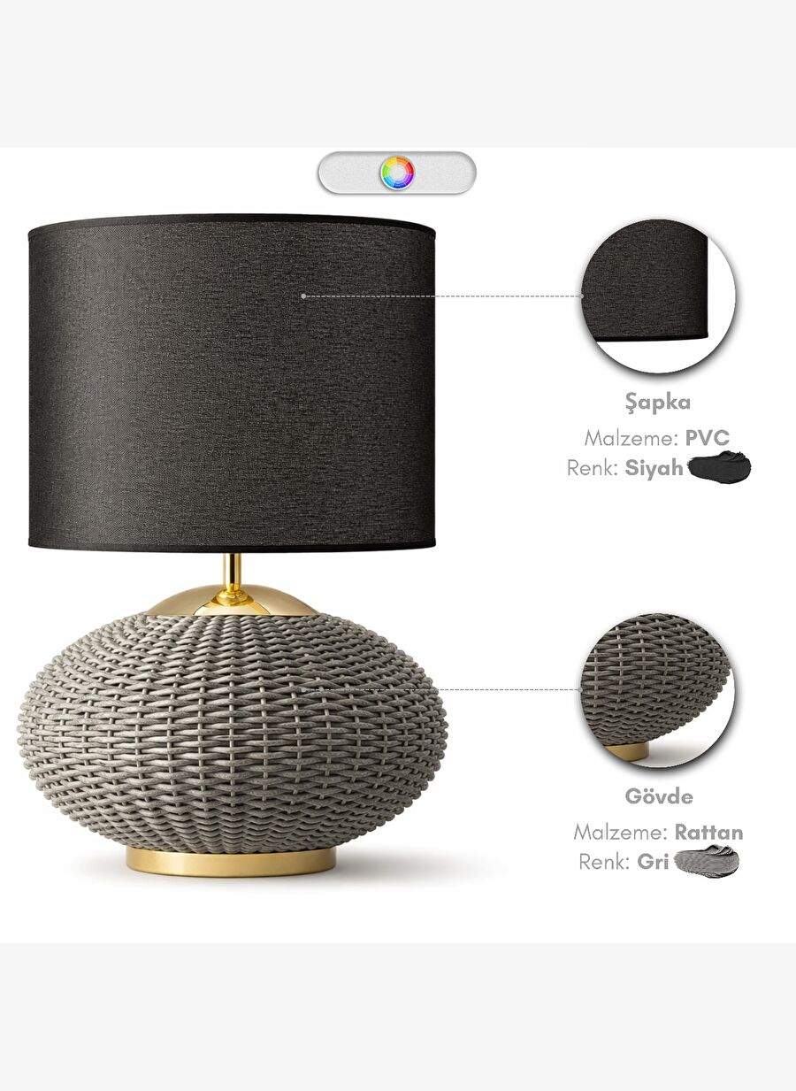 Avior Gri Gövde Siyah Başlık Dekoratif Rattan Abajur — Product image 8 of 8