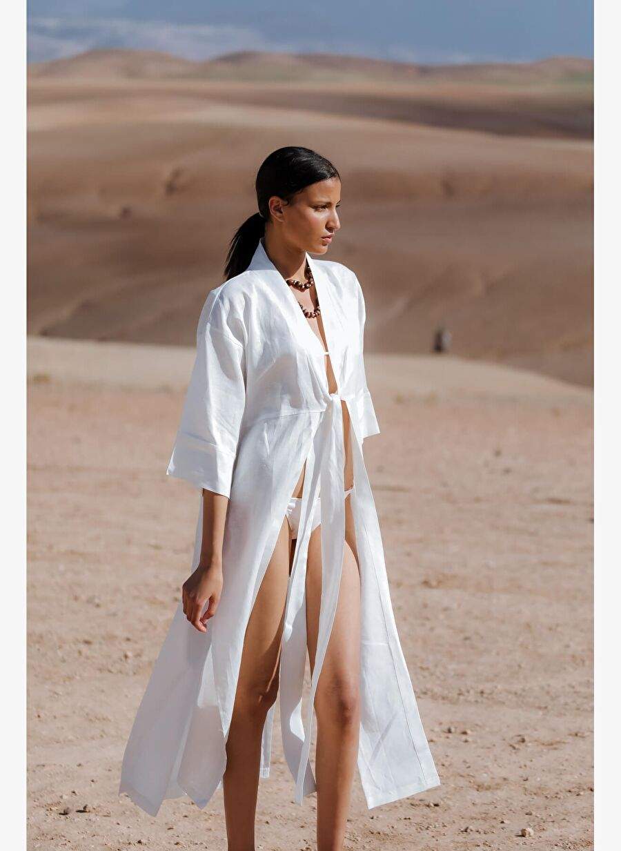 GHİZLANE Keten Beyaz Uzun Kimono — Product image 4 of 7