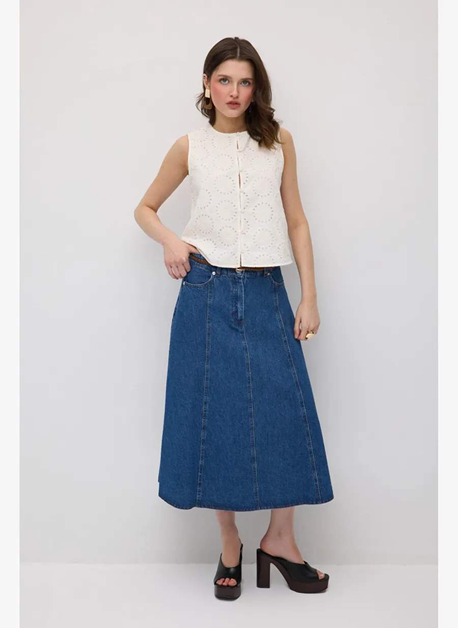 Gusto Örgü Kemerli Midi Denim Etek - Mavi — صورة المنتج 3 من 5