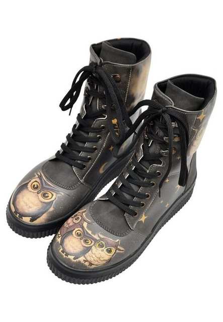 Women Vegan Leather Black Long Boots - Owls Family Design