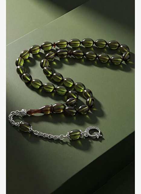 Frnch 925 Ayar Gumus Ve Arpa Kesim Ates Kehribar Yesil Renk Tesbih Frj80006 106 Y3