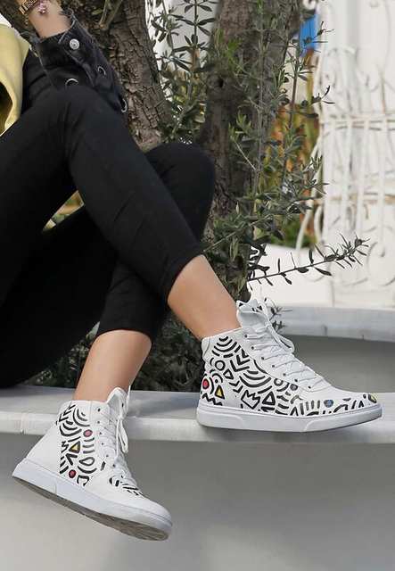 Women Vegan Leather White High Top Sneakers - Abstract Outline White Design