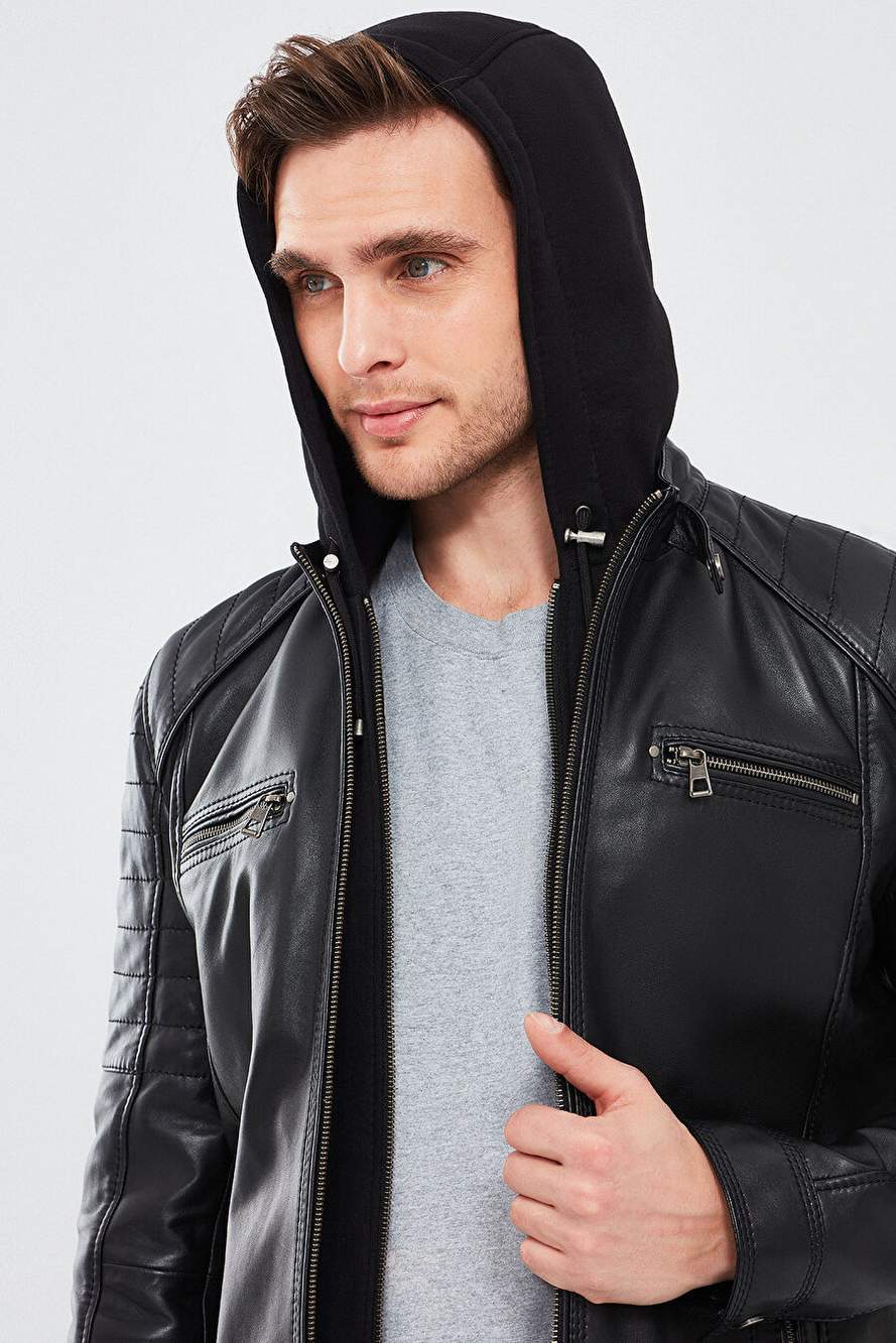 Sergio Men's Black Hooded Sports Leather Coat 24sge65191m — Product image 5 of 7