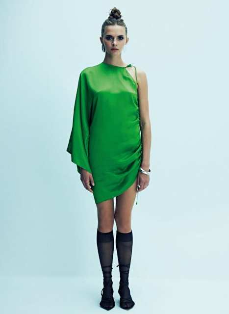Rocha Asymmetric Satin Mini Dress Green