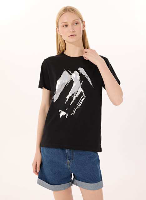 Limon Siyah Kadın Loose Fit Baskılı T-Shirt L5SL-TST5810