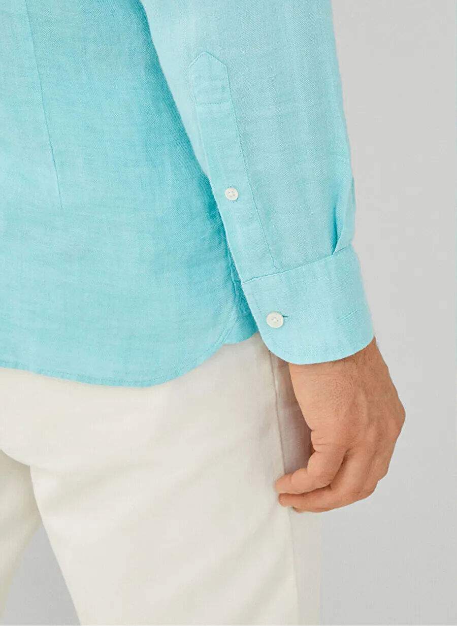 Yesil Erkek 100 Keten Slim Fit Gomlek Hm309839 — صورة المنتج 4 من 5