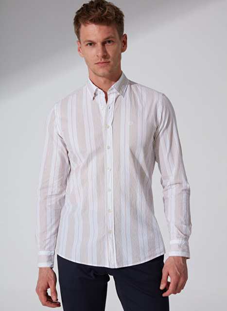 Beymen Business Ekru Melanj Erkek Düğmeli Slim Fit Çizgili Gömlek 4B2023200006