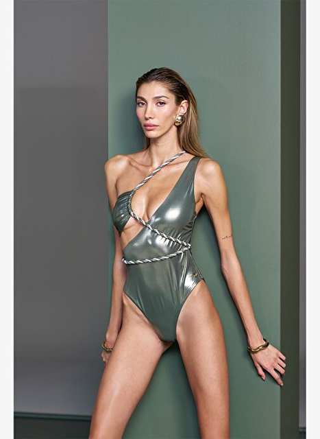 Celestial emerald gleam curled asymmetrical swimsuit