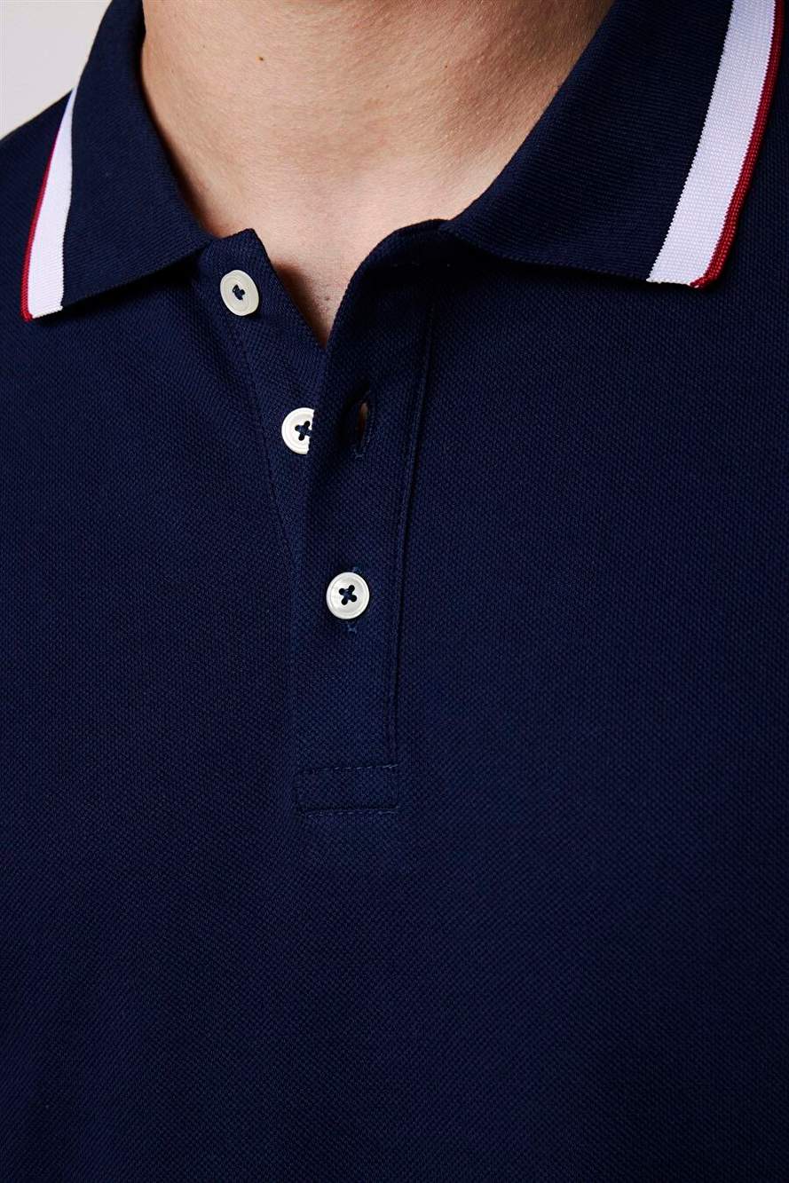 Erkek Slim Fit Dar Kesim %100 Pamuk Düz Pike Kol Şeritli Lacivert Polo Yaka Tişört — Product image 4 of 5
