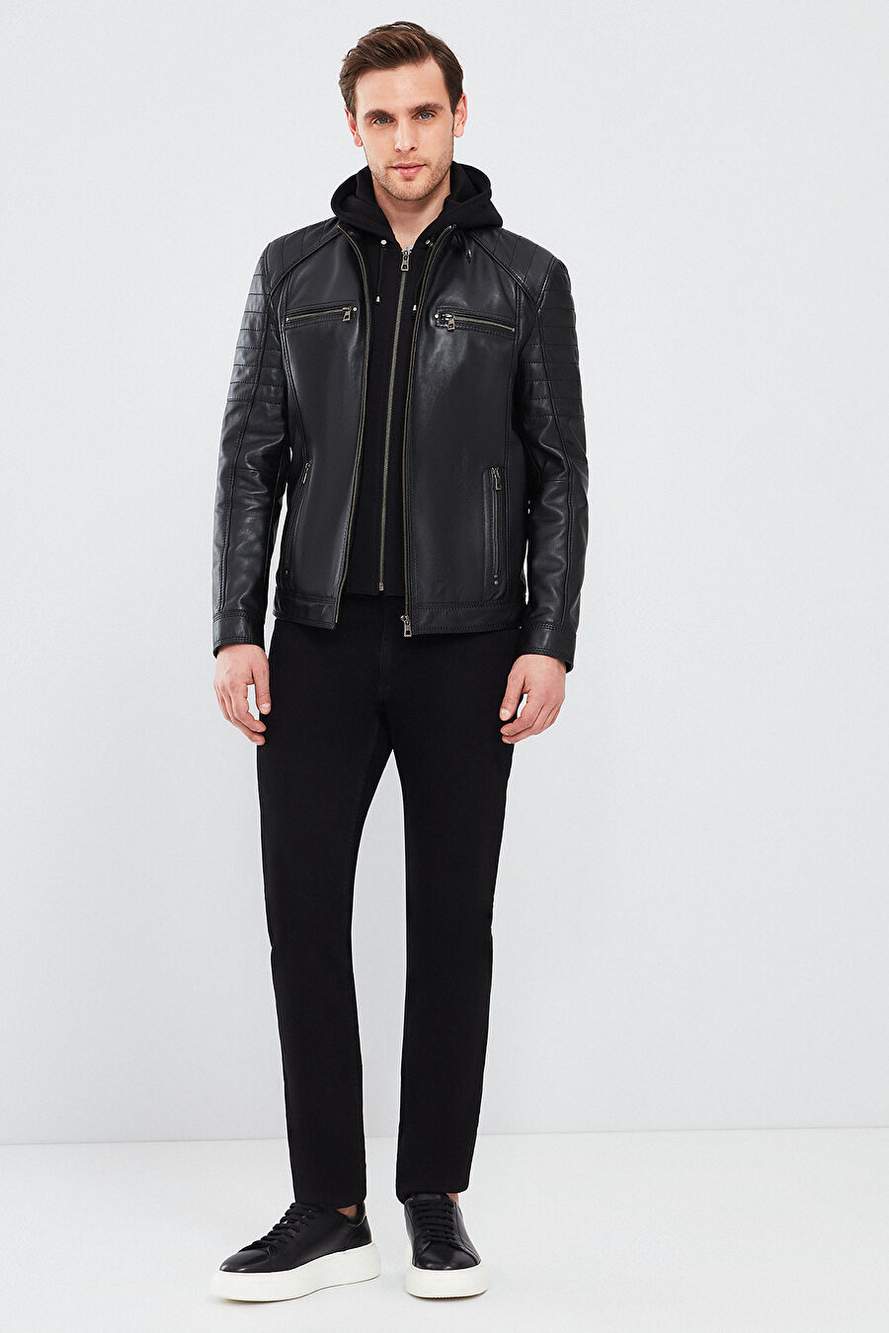 Sergio Men's Black Hooded Sports Leather Coat 24sge65191m — Product image 6 of 7