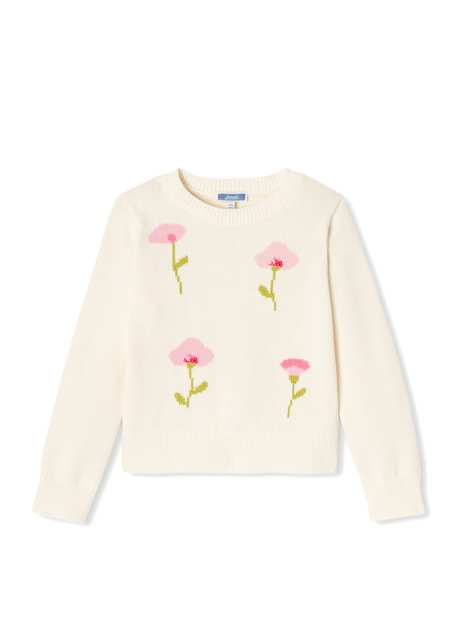 White Flower Patterned Cotton Sweater Girl Child Sweater