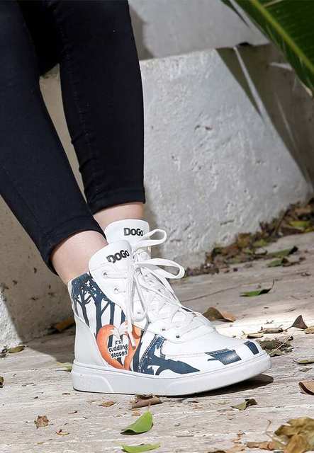 Women Vegan Leather White High Top Sneakers - Cuddling Season Design