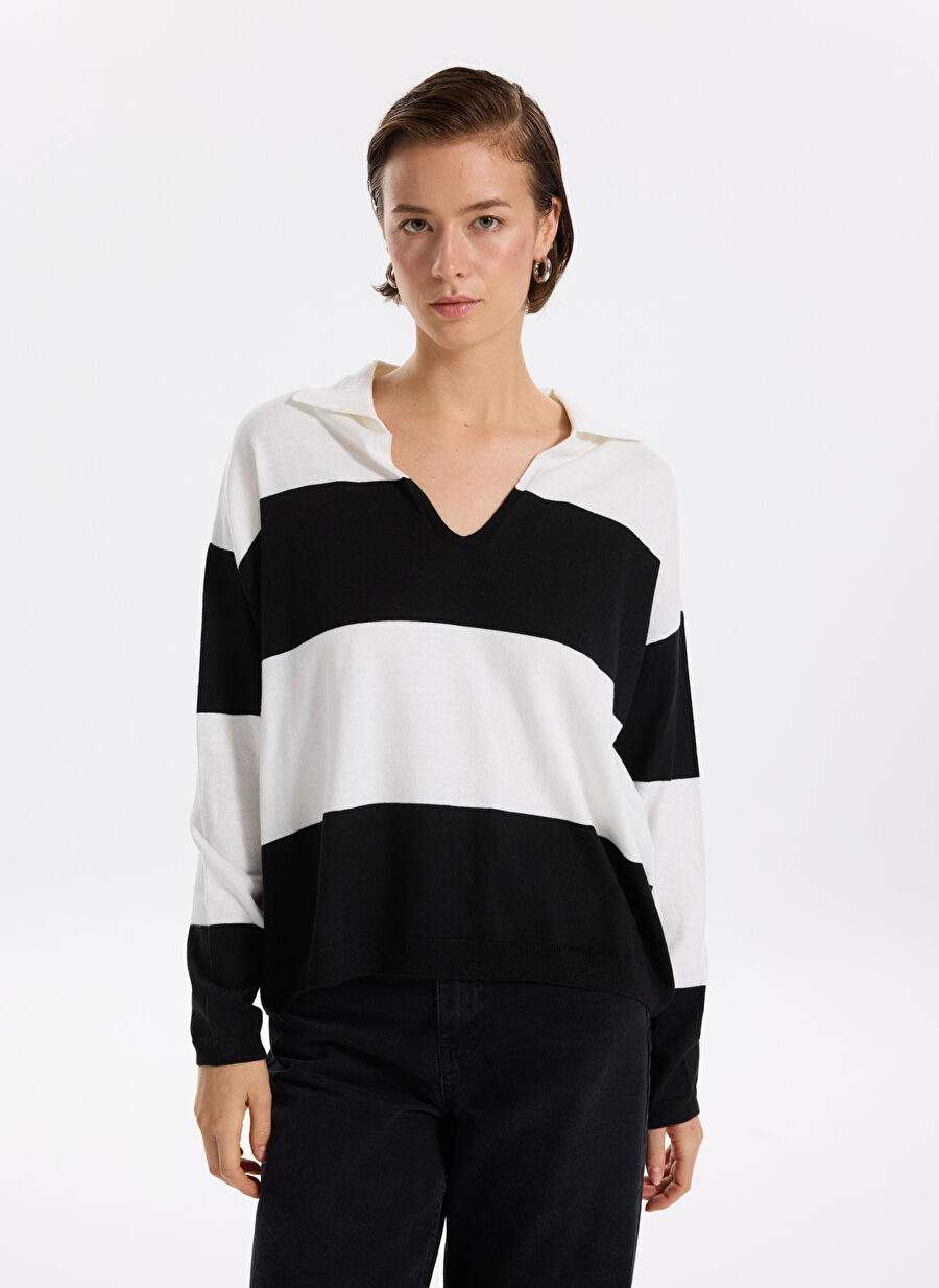 Polo Collar Striped Black - White Sweater Women F3WL-KZK2 — Product image 4 of 6